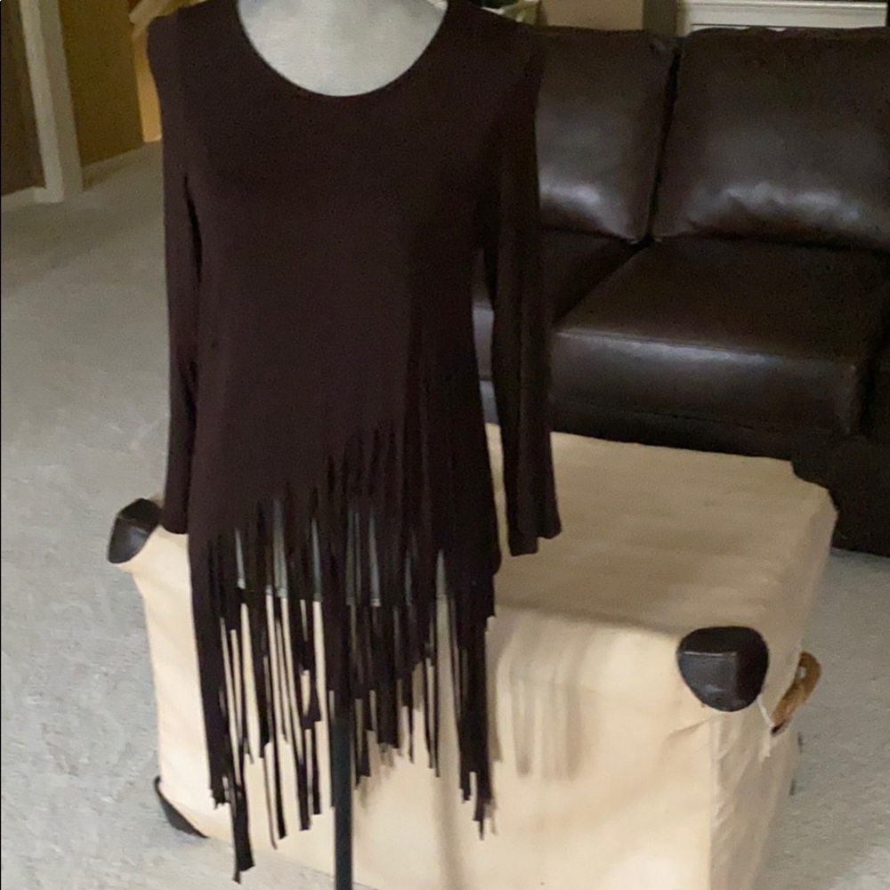 L&B Brown Stretch Fringed Top size Small